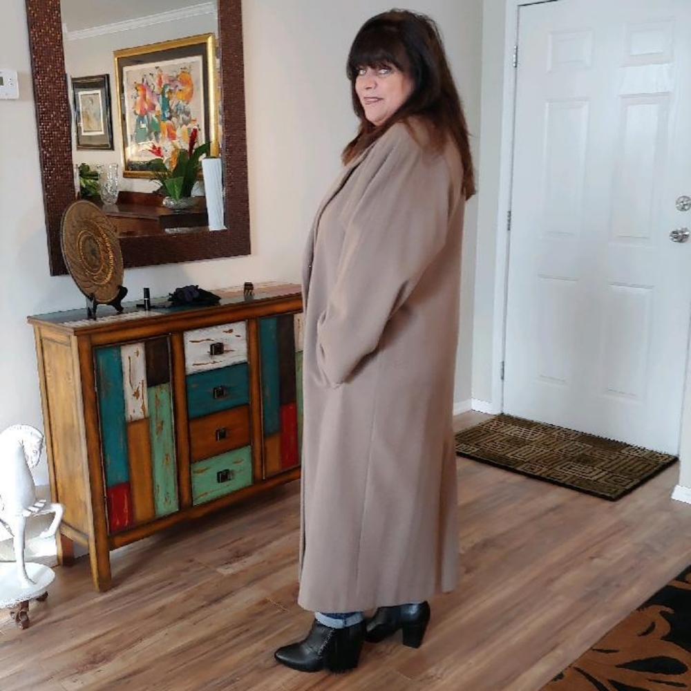 Floor length coat.